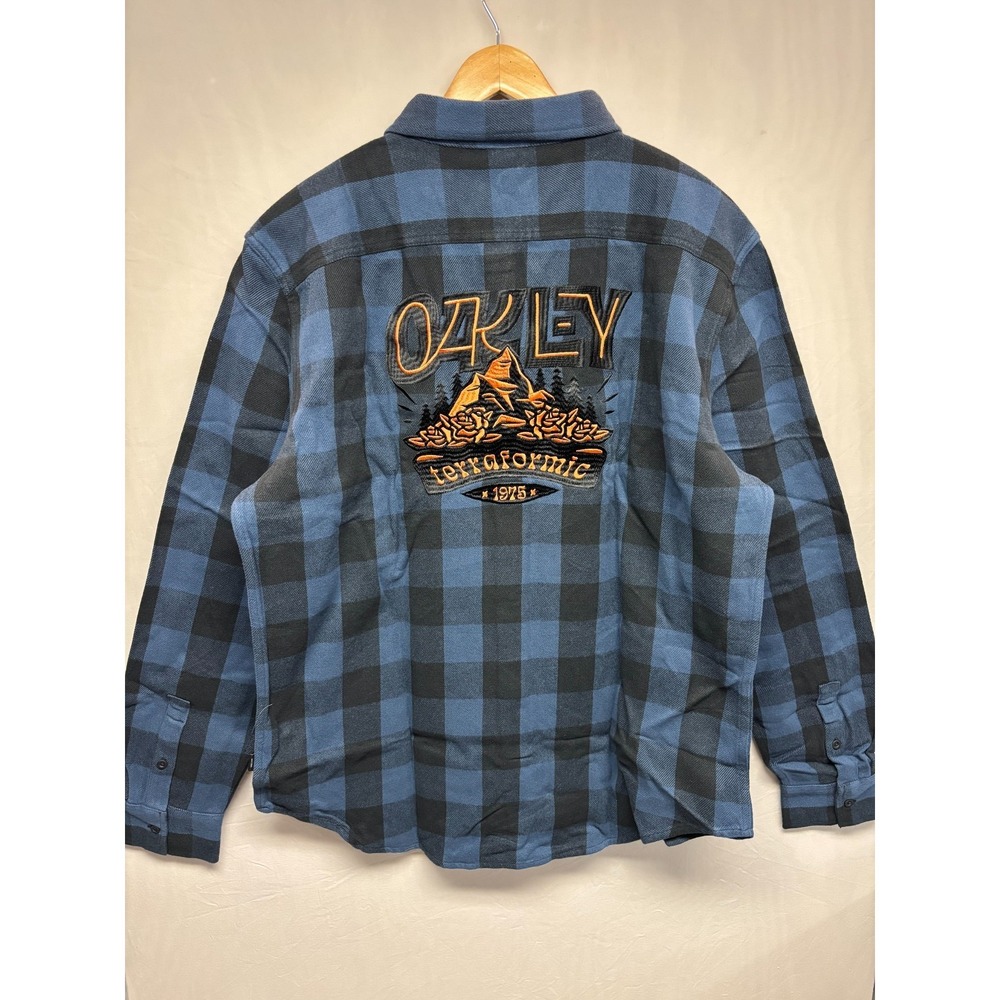 Oakley Terraformic Button Down Shirt Mens Blue Black NWT Flannel Embroidered